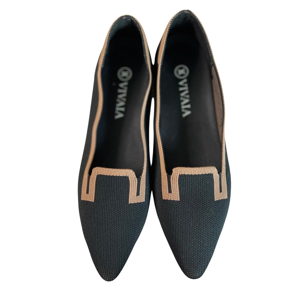 Viviai Ballet Flat Pointed Toe Sz 8 Shoes Black Tan Knit Casual Recycled